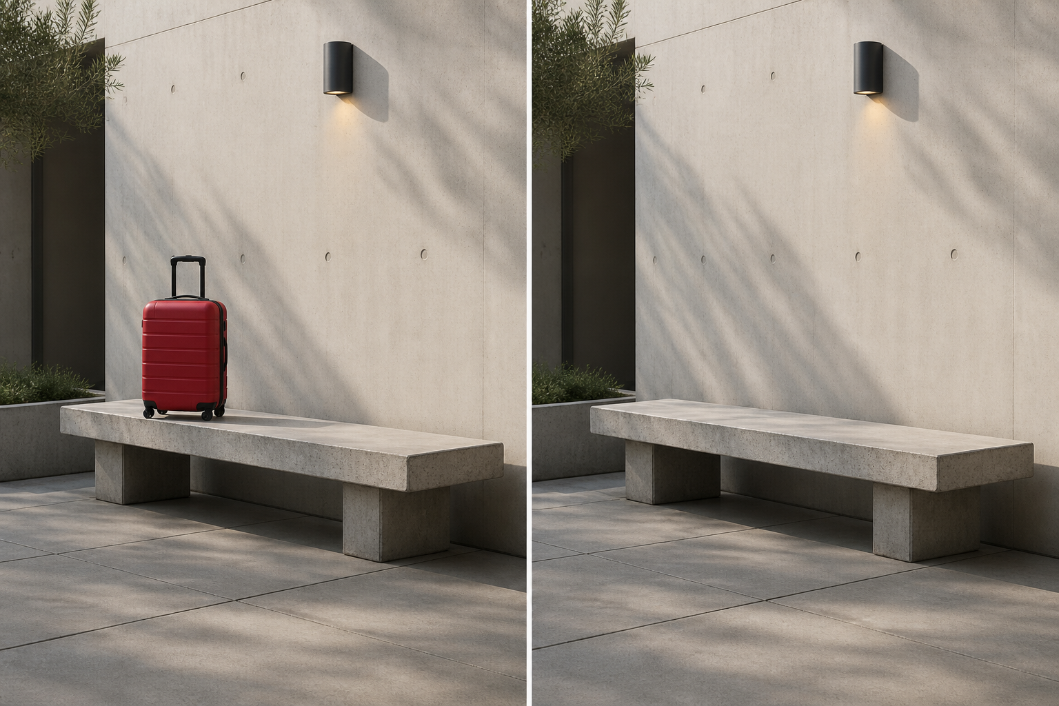 Before and after showing a red suitcase removed from a concrete bench scene while the architecture remains