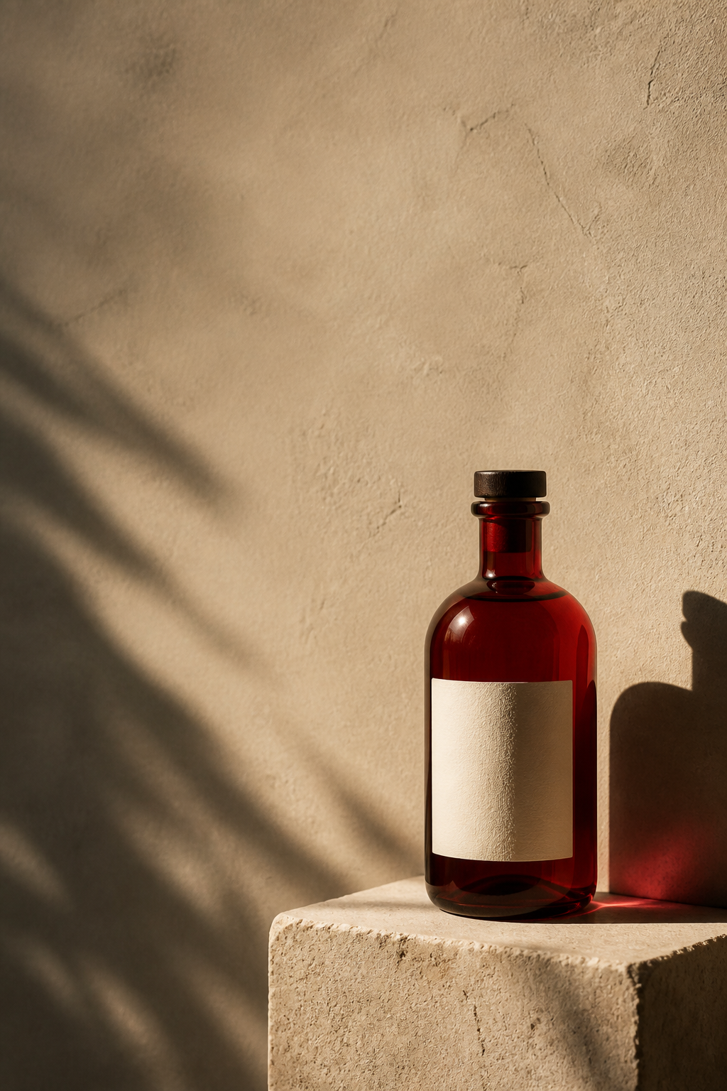 A red glass bottle on a stone pedestal with the headline FUTURE DRIVE in an editorial poster composition